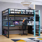 Luxystar Modern Full Gaming Loft Bed With Lighted Desk, Storage Bookcase, Racks and Outlets
