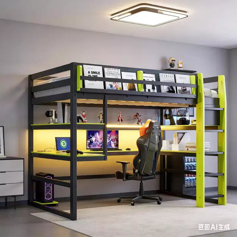 Cama alta gamer moderna completa Luxystar con escritorio iluminado, estantería de almacenamiento, estantes y tomas de corriente