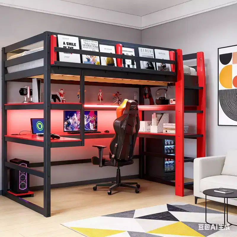 Cama alta gamer moderna completa Luxystar con escritorio iluminado, estantería de almacenamiento, estantes y tomas de corriente
