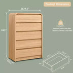 Cómoda moderna de 5 cajones de 114 cm de alto con perfil curvo, arcón de madera de mediados de siglo, textura natural para dormitorio/sala de estar, roble natural