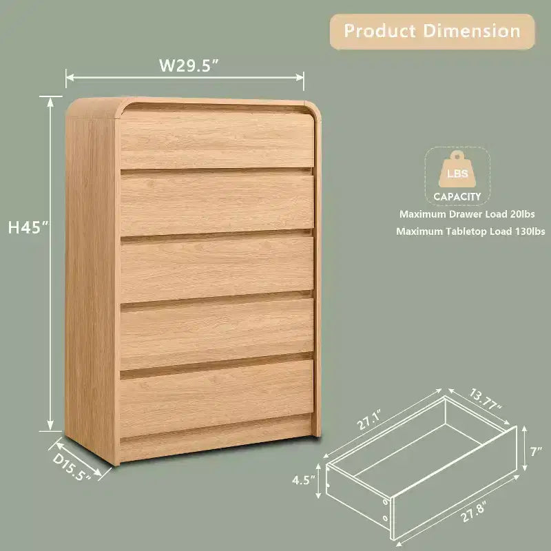 Cómoda moderna de 5 cajones de 114 cm de alto con perfil curvo, arcón de madera de mediados de siglo, textura natural para dormitorio/sala de estar, roble natural