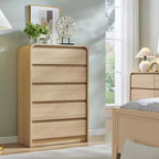 Cómoda moderna de 5 cajones de 114 cm de alto con perfil curvo, arcón de madera de mediados de siglo, textura natural para dormitorio/sala de estar, roble natural