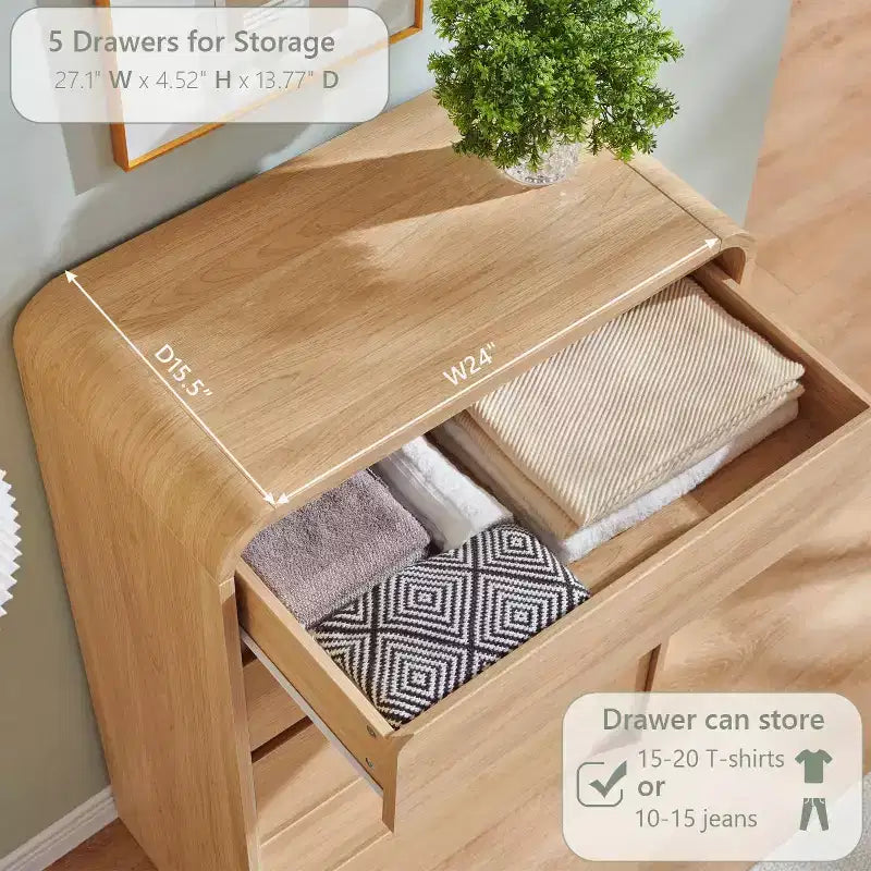 Cómoda moderna de 5 cajones de 114 cm de alto con perfil curvo, arcón de madera de mediados de siglo, textura natural para dormitorio/sala de estar, roble natural