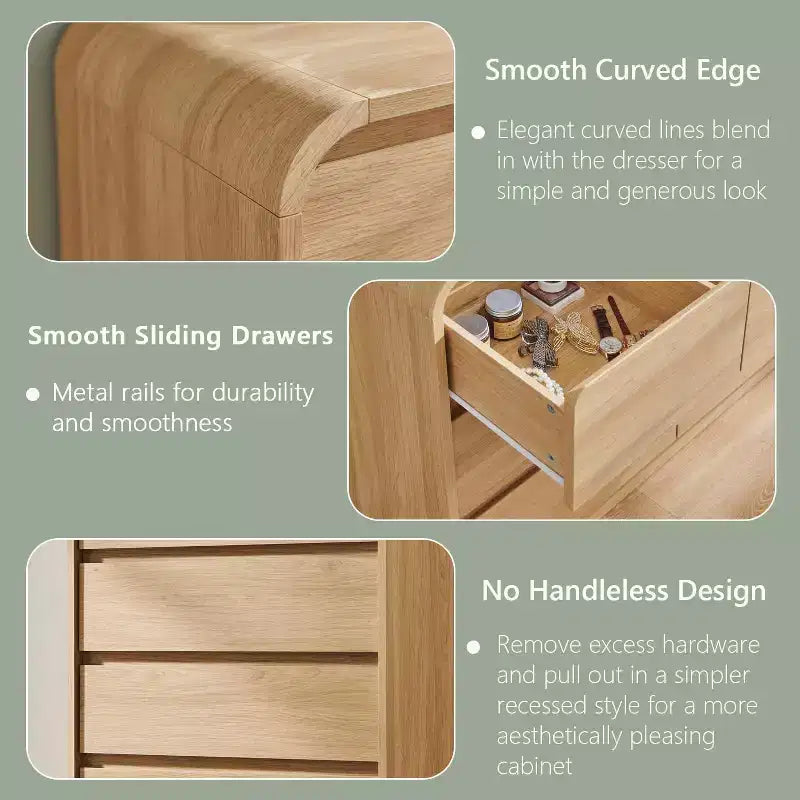 Cómoda moderna de 5 cajones de 114 cm de alto con perfil curvo, arcón de madera de mediados de siglo, textura natural para dormitorio/sala de estar, roble natural