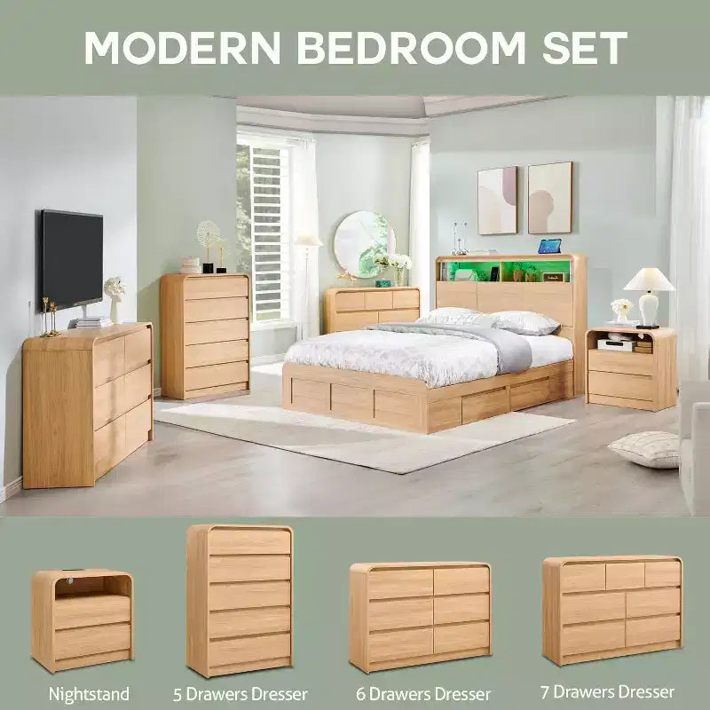 Cómoda moderna de 5 cajones de 114 cm de alto con perfil curvo, arcón de madera de mediados de siglo, textura natural para dormitorio/sala de estar, roble natural