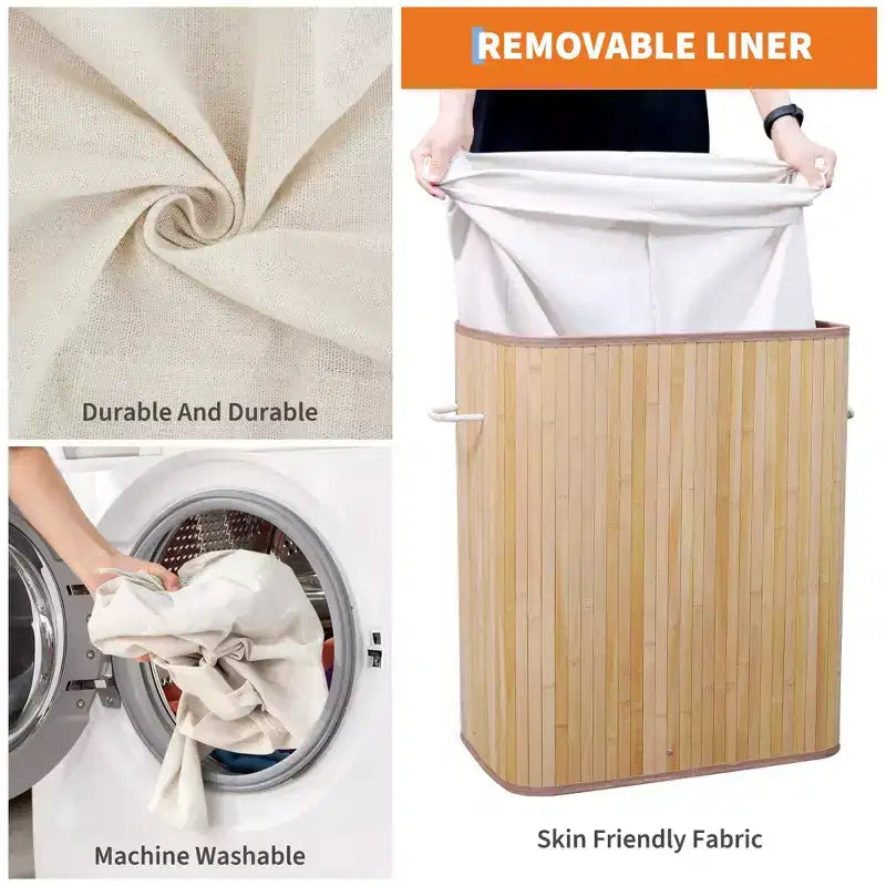 Cesto de ropa de bambú con tapa 104 litros Cesto de ropa plegable de madera con bolsa interior lavable Almacenamiento delgado para dormitorios pequeños, apartamentos y residencias universitarias