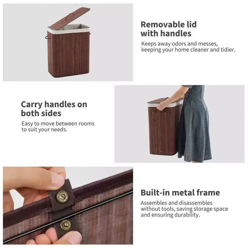 Cesto de ropa de bambú con tapa 104 litros Cesto de ropa plegable de madera con bolsa interior lavable Almacenamiento delgado para dormitorios pequeños, apartamentos y residencias universitarias