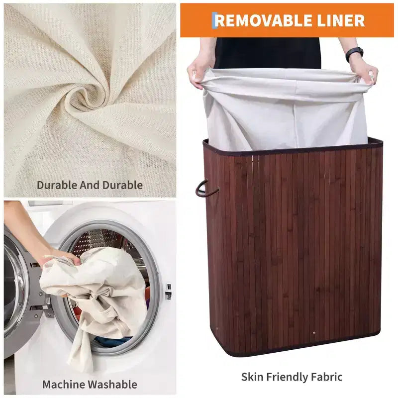 Cesto de ropa de bambú con tapa 104 litros Cesto de ropa plegable de madera con bolsa interior lavable Almacenamiento delgado para dormitorios pequeños, apartamentos y residencias universitarias
