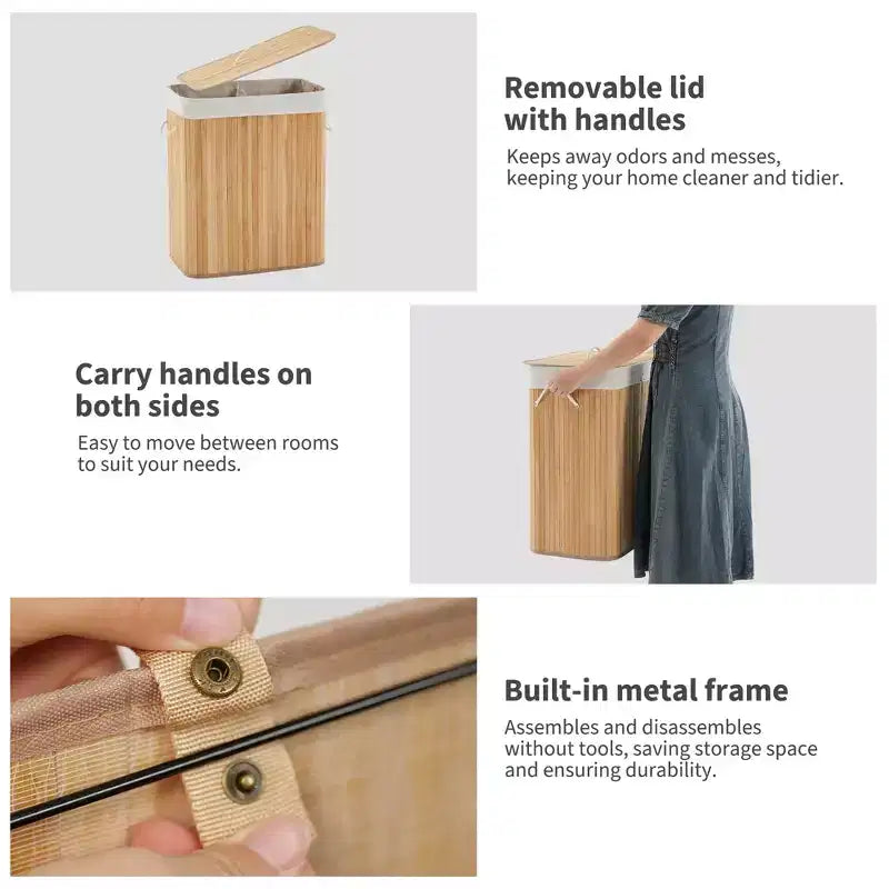 Cesto de ropa de bambú con tapa 104 litros Cesto de ropa plegable de madera con bolsa interior lavable Almacenamiento delgado para dormitorios pequeños, apartamentos y residencias universitarias