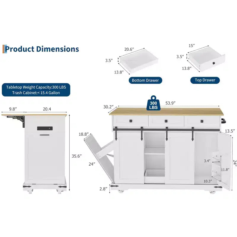 Isla de cocina de 54 pulgadas con toma de corriente, hojas abatibles y gabinete para basura, carrito de cocina rodante con 2 puertas correderas tipo granero, 3 cajones, mesa grande para café.