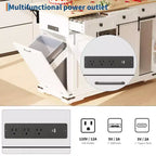 Isla de cocina de 54 pulgadas con toma de corriente, hojas abatibles y gabinete para basura, carrito de cocina rodante con 2 puertas correderas tipo granero, 3 cajones, mesa grande para café.