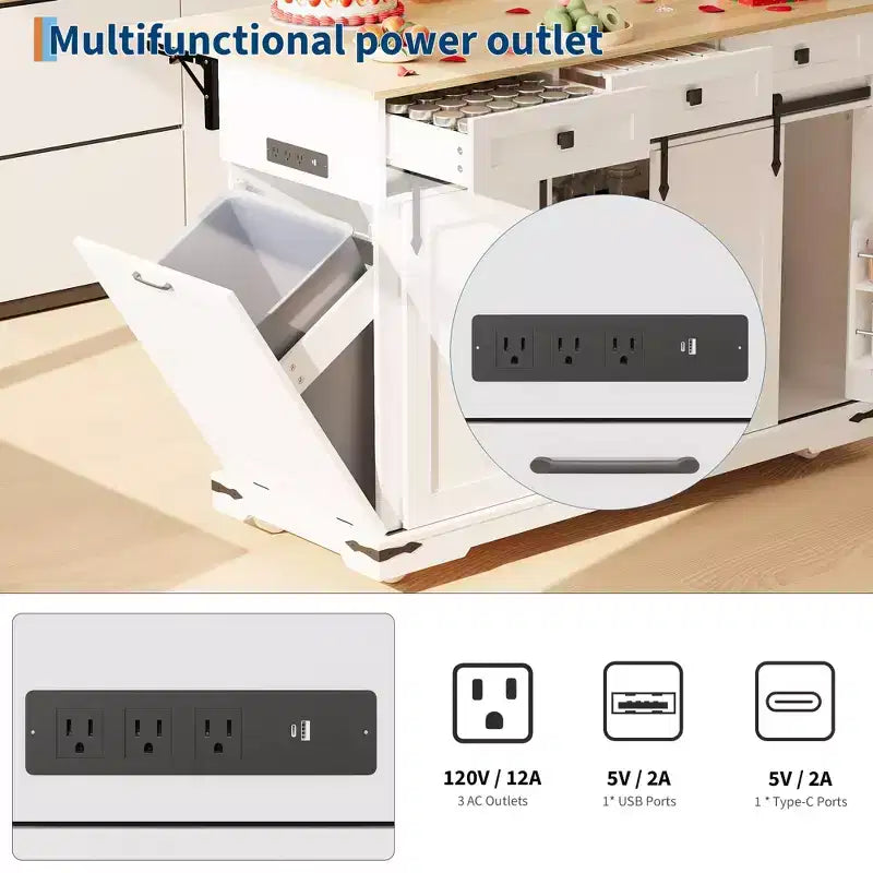 Isla de cocina de 54 pulgadas con toma de corriente, hojas abatibles y gabinete para basura, carrito de cocina rodante con 2 puertas correderas tipo granero, 3 cajones, mesa grande para café.