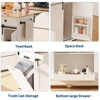 Isla de cocina de 54 pulgadas con toma de corriente, hojas abatibles y gabinete para basura, carrito de cocina rodante con 2 puertas correderas tipo granero, 3 cajones, mesa grande para café.