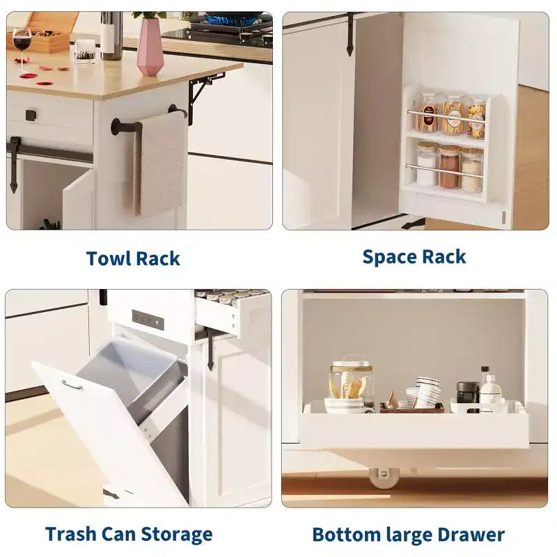 Isla de cocina de 54 pulgadas con toma de corriente, hojas abatibles y gabinete para basura, carrito de cocina rodante con 2 puertas correderas tipo granero, 3 cajones, mesa grande para café.
