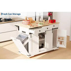 Isla de cocina de 54 pulgadas con toma de corriente, hojas abatibles y gabinete para basura, carrito de cocina rodante con 2 puertas correderas tipo granero, 3 cajones, mesa grande para café.
