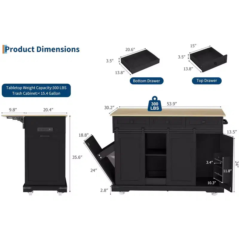 Isla de cocina de 54 pulgadas con toma de corriente, hojas abatibles y gabinete para basura, carrito de cocina rodante con 2 puertas correderas tipo granero, 3 cajones, mesa grande para café.