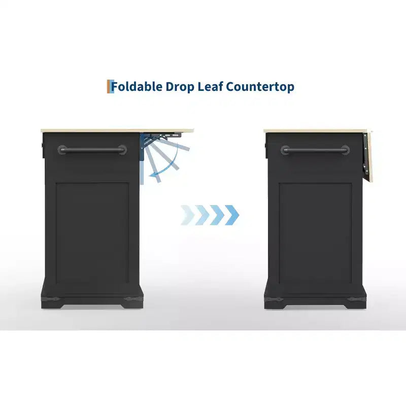 Isla de cocina de 54 pulgadas con toma de corriente, hojas abatibles y gabinete para basura, carrito de cocina rodante con 2 puertas correderas tipo granero, 3 cajones, mesa grande para café.