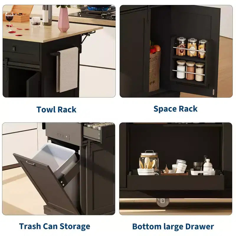 Isla de cocina de 54 pulgadas con toma de corriente, hojas abatibles y gabinete para basura, carrito de cocina rodante con 2 puertas correderas tipo granero, 3 cajones, mesa grande para café.