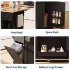 Isla de cocina de 54 pulgadas con toma de corriente, hojas abatibles y gabinete para basura, carrito de cocina rodante con 2 puertas correderas tipo granero, 3 cajones, mesa grande para café.