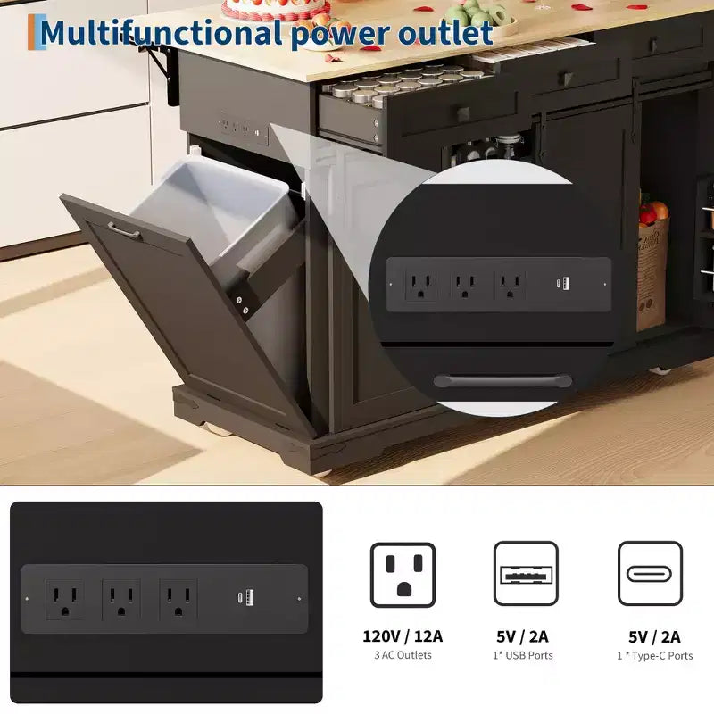 Isla de cocina de 54 pulgadas con toma de corriente, hojas abatibles y gabinete para basura, carrito de cocina rodante con 2 puertas correderas tipo granero, 3 cajones, mesa grande para café.