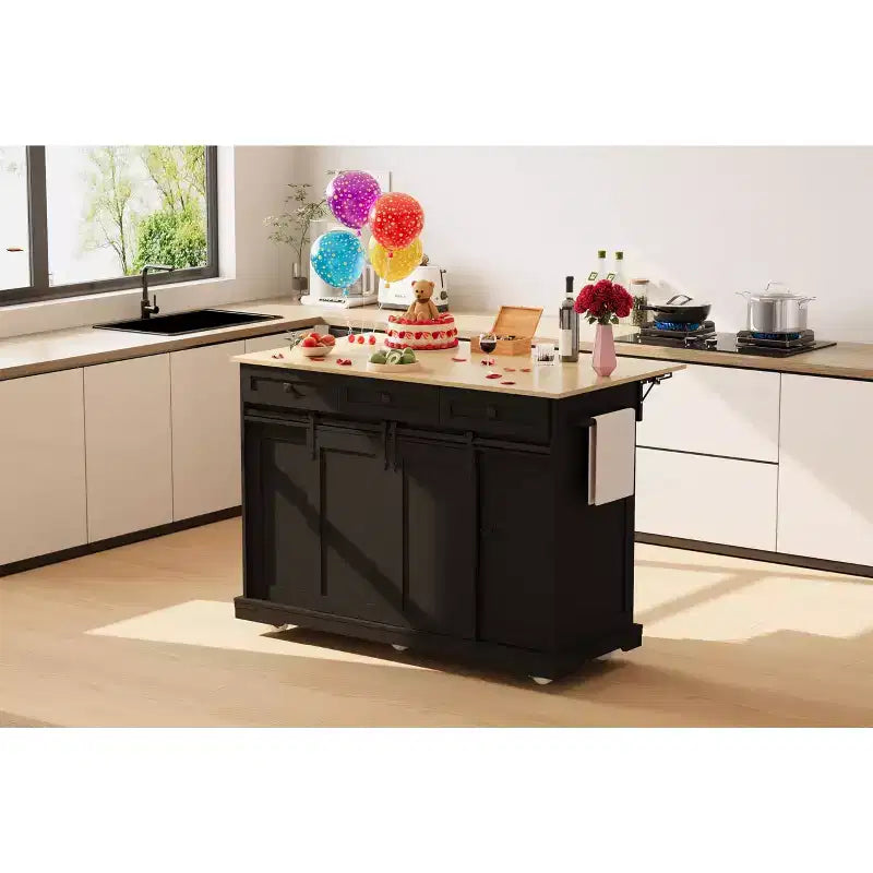 Isla de cocina de 54 pulgadas con toma de corriente, hojas abatibles y gabinete para basura, carrito de cocina rodante con 2 puertas correderas tipo granero, 3 cajones, mesa grande para café.