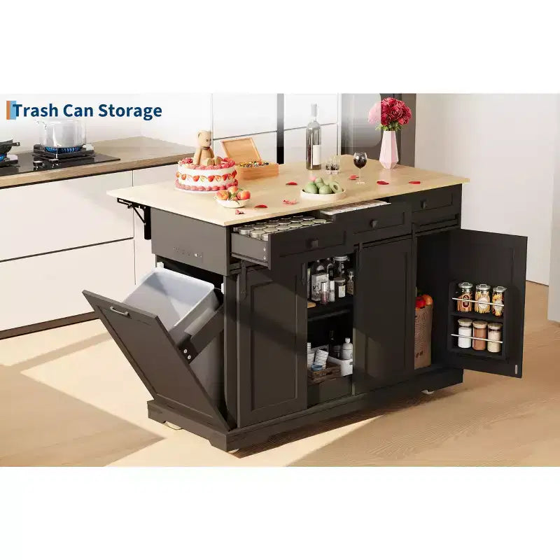 Isla de cocina de 54 pulgadas con toma de corriente, hojas abatibles y gabinete para basura, carrito de cocina rodante con 2 puertas correderas tipo granero, 3 cajones, mesa grande para café.
