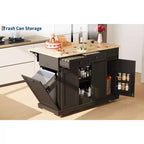 Isla de cocina de 54 pulgadas con toma de corriente, hojas abatibles y gabinete para basura, carrito de cocina rodante con 2 puertas correderas tipo granero, 3 cajones, mesa grande para café.