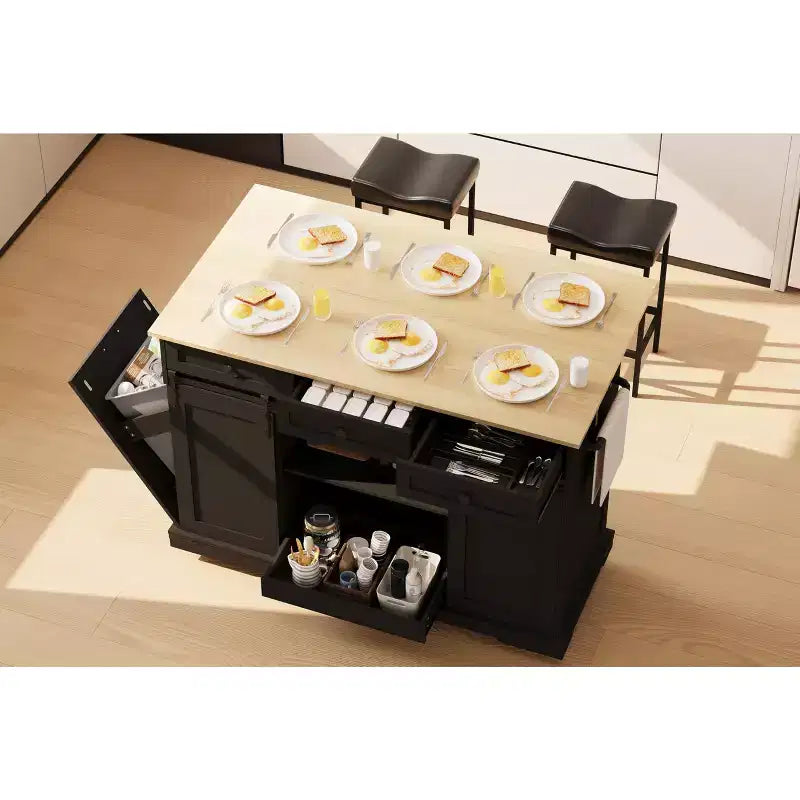 Isla de cocina de 54 pulgadas con toma de corriente, hojas abatibles y gabinete para basura, carrito de cocina rodante con 2 puertas correderas tipo granero, 3 cajones, mesa grande para café.