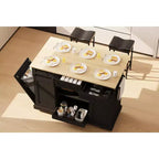 Isla de cocina de 54 pulgadas con toma de corriente, hojas abatibles y gabinete para basura, carrito de cocina rodante con 2 puertas correderas tipo granero, 3 cajones, mesa grande para café.