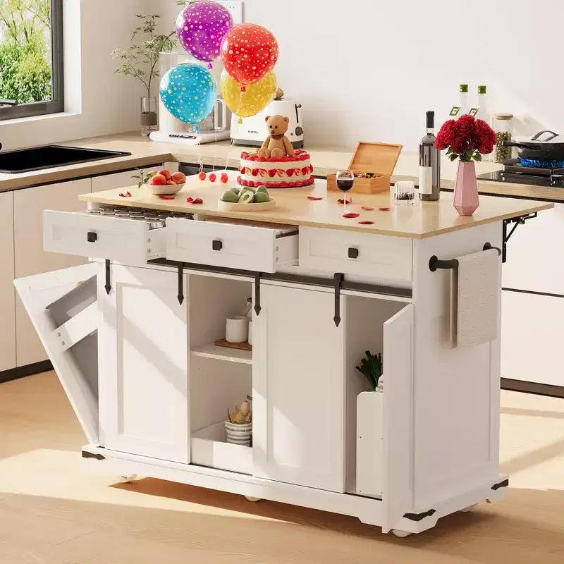 Isla de cocina de 54 pulgadas con toma de corriente, hojas abatibles y gabinete para basura, carrito de cocina rodante con 2 puertas correderas tipo granero, 3 cajones, mesa grande para café.