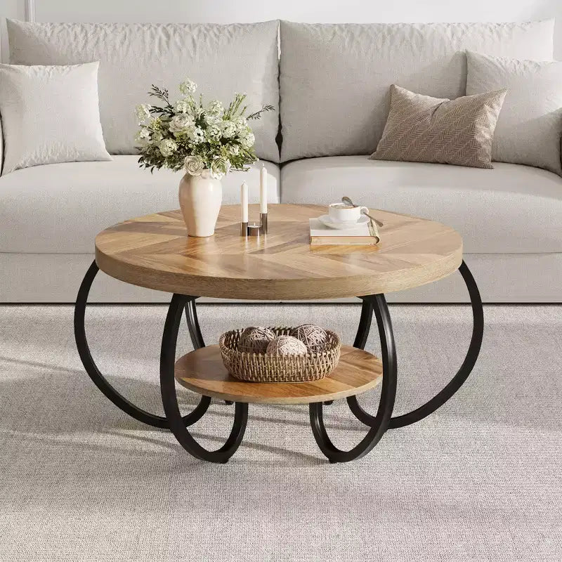 COZONY Mesa de centro rústica redonda de 76 cm con estante de almacenamiento, 2 niveles, patas de metal curvadas, para sala de estar, espacios pequeños