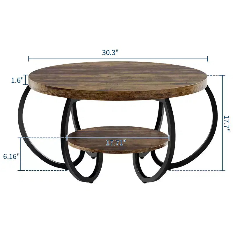 COZONY Mesa de centro rústica redonda de 76 cm con estante de almacenamiento, 2 niveles, patas de metal curvadas, para sala de estar, espacios pequeños