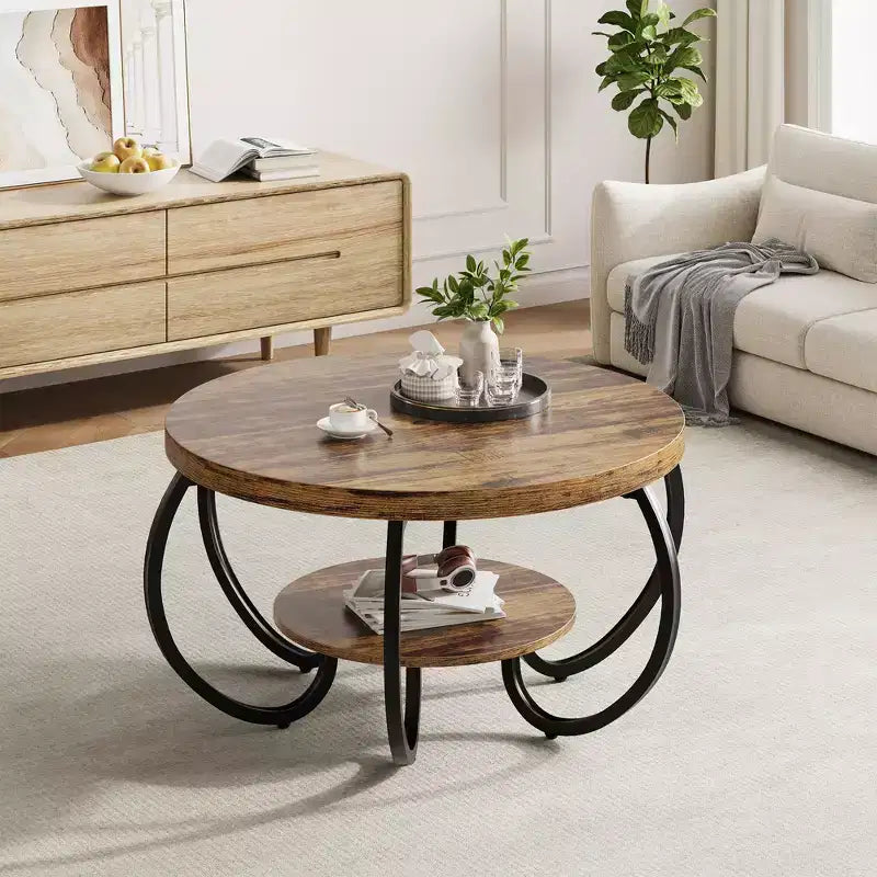 COZONY Mesa de centro rústica redonda de 76 cm con estante de almacenamiento, 2 niveles, patas de metal curvadas, para sala de estar, espacios pequeños
