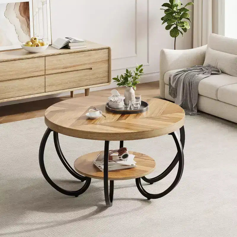 COZONY Mesa de centro rústica redonda de 76 cm con estante de almacenamiento, 2 niveles, patas de metal curvadas, para sala de estar, espacios pequeños