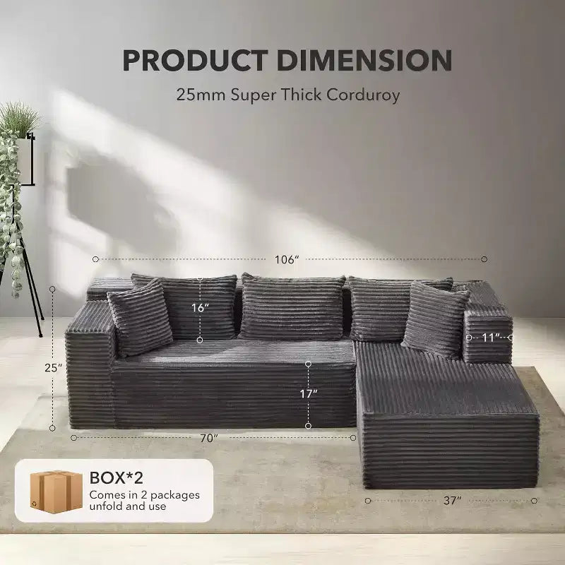 Sofá seccional reversible DobleePy 106, sofá nube en forma de L con chaise longue de gran tamaño, sofá de espuma viscoelástica de 3 asientos, montaje sin herramientas, orientación derecha
