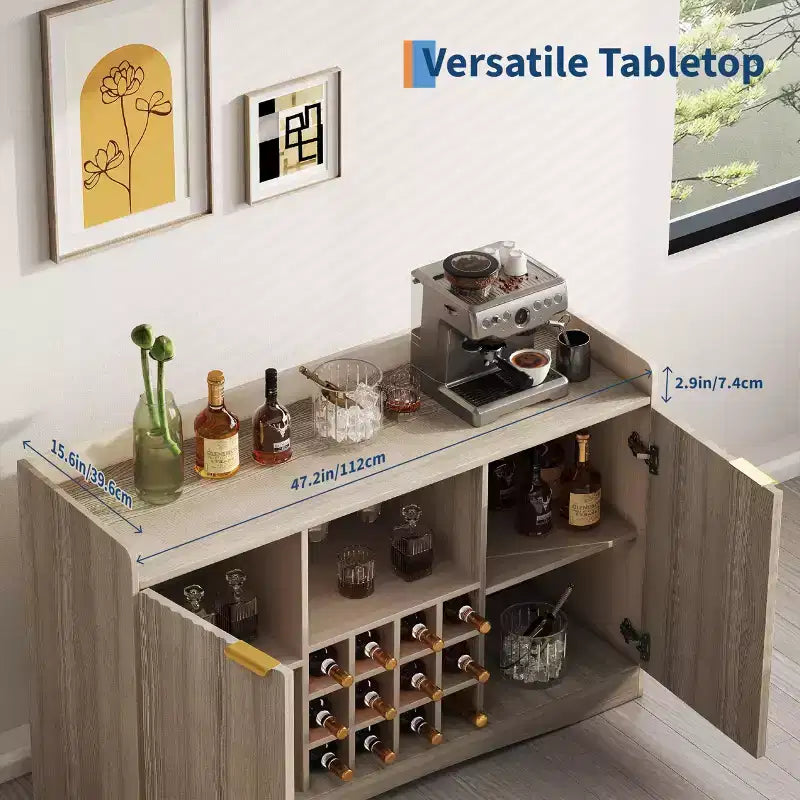Mueble bar de vino de 47 pulgadas con 9 portavasos, mueble bar de licores con estriado y almacenamiento para comedor, aparador buffet para sala de estar