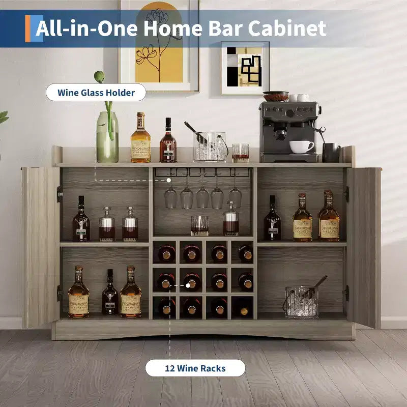 Mueble bar de vino de 47 pulgadas con 9 portavasos, mueble bar de licores con estriado y almacenamiento para comedor, aparador buffet para sala de estar