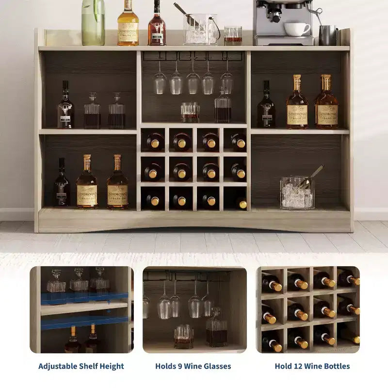 Mueble bar de vino de 47 pulgadas con 9 portavasos, mueble bar de licores con estriado y almacenamiento para comedor, aparador buffet para sala de estar