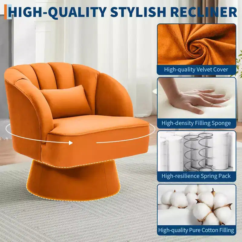 Sillón Moderno Giratorio 360°, Sillón Acentual de Terciopelo con Respaldo a Rayas, Cojín de Peluche para Sala de Estar