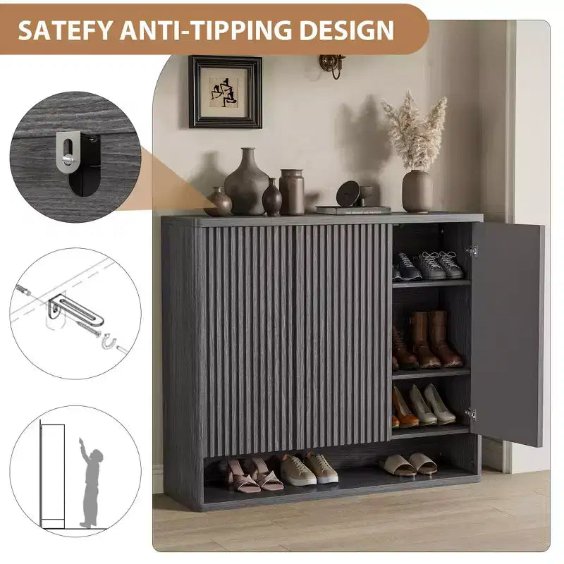 Zapatero de Madera de 117 cm con Puerta Estriada - Almacenamiento Ajustable con Capacidad para 30-35 Pares para Entrada y Sala de Estar