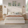 ModernLuxe Luxury Wingback Upholstered Platform Bed, Queen/King Size Bed Frame with Solid Rubberwood Legs, White