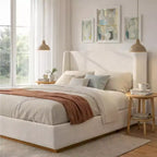 Cama de plataforma tapizada ModernLuxe Luxury Wingback, armazón de cama tamaño Queen/King con patas de madera de caucho maciza, blanca