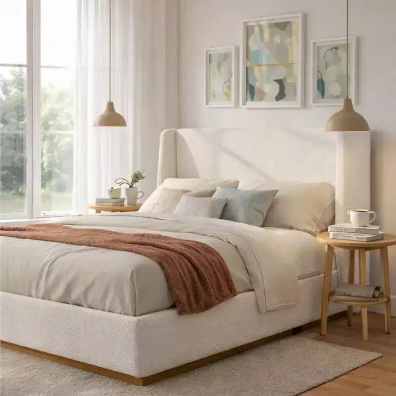 Cama de plataforma tapizada ModernLuxe Luxury Wingback, armazón de cama tamaño Queen/King con patas de madera de caucho maciza, blanca