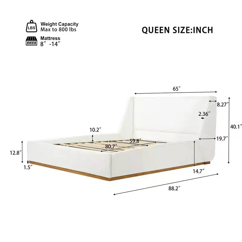Cama de plataforma tapizada ModernLuxe Luxury Wingback, armazón de cama tamaño Queen/King con patas de madera de caucho maciza, blanca