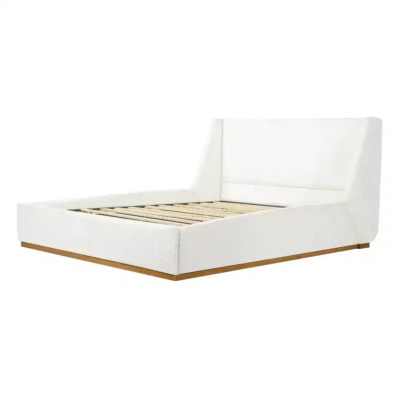 Cama de plataforma tapizada ModernLuxe Luxury Wingback, armazón de cama tamaño Queen/King con patas de madera de caucho maciza, blanca
