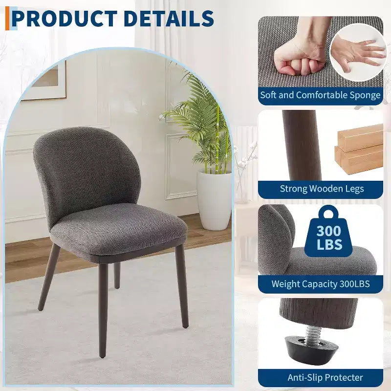 Juego de 2 sillas de comedor tapizadas modernas, respaldo ergonómico, patas de madera resistentes, capacidad de 265 lb, asientos cómodos para cocina o restaurante, lino