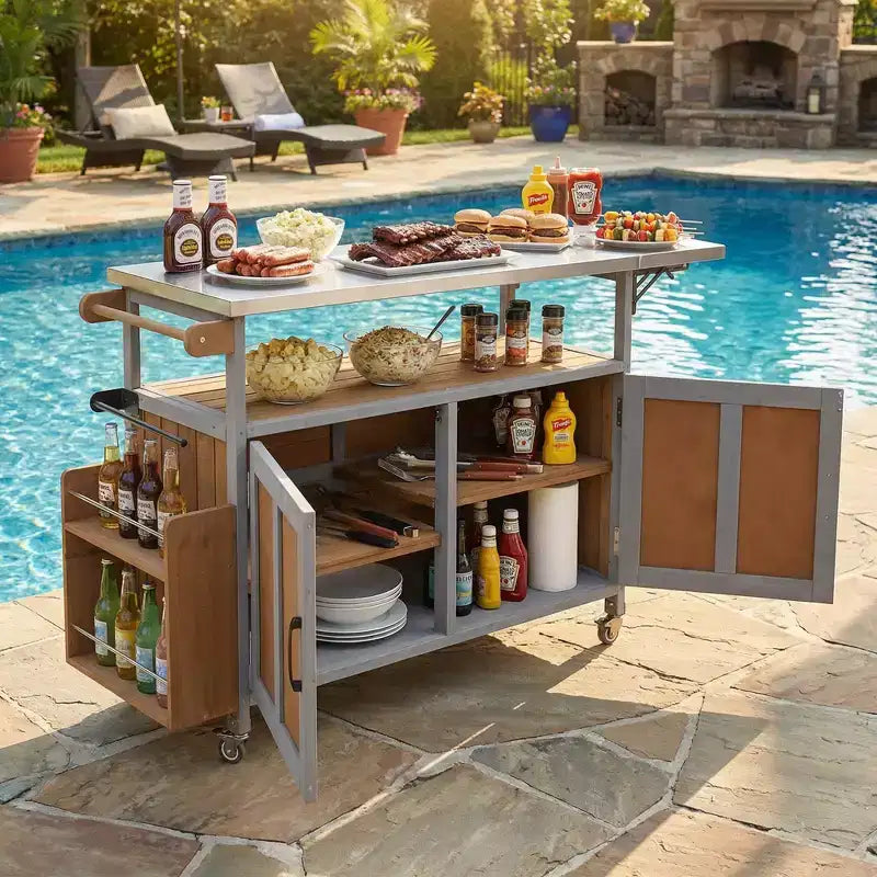 Isla de cocina exterior plegable GDFStudio Mavis con ruedas bloqueables