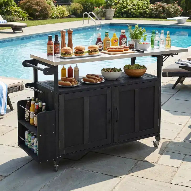 Isla de cocina exterior plegable GDFStudio Mavis con ruedas bloqueables