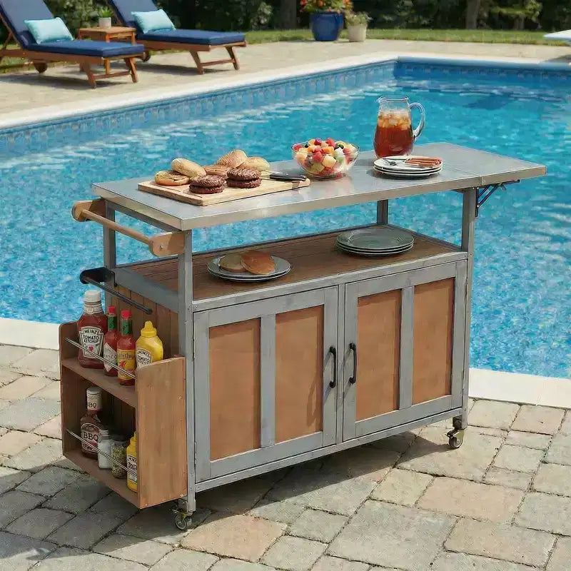 Isla de cocina exterior plegable GDFStudio Mavis con ruedas bloqueables