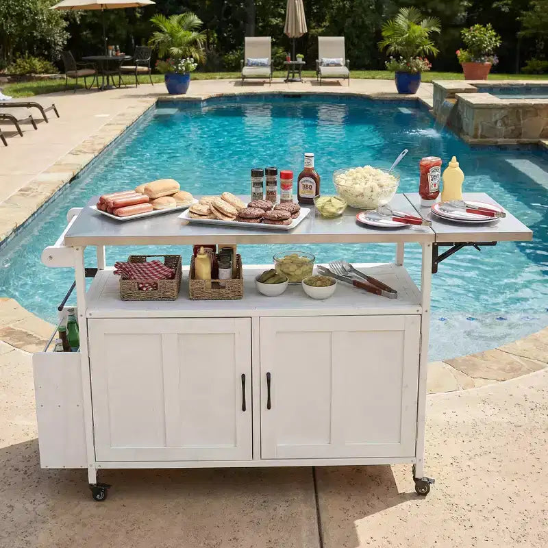 Isla de cocina exterior plegable GDFStudio Mavis con ruedas bloqueables